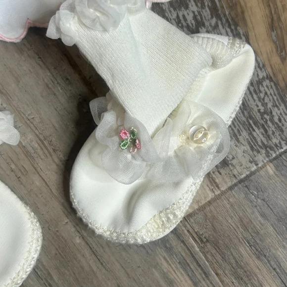 Tiny Tots Original Infant White Embroidered Pink Flowers Dress and Booties - Picture 6 of 9